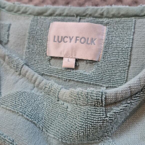 Lucy Folk Sol Belted Cotton Terry Mini Dress Size Large Blue Shapes Faces Pocket - Picture 9 of 9